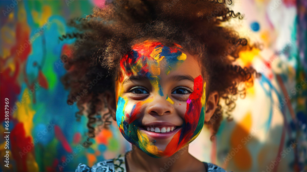 Portrait of adorable African little girl, lean against of wall with paintings. Street art, little artist concept.
Portrait of adorable African little girl, lean against of wall with paintings. Street art, little artist concept.
