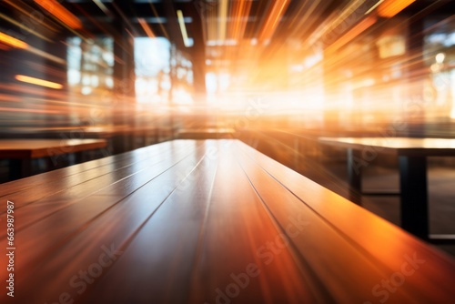 Warm toned wooden table against blurred city lights, an inviting display space with an urban evening ambiance.