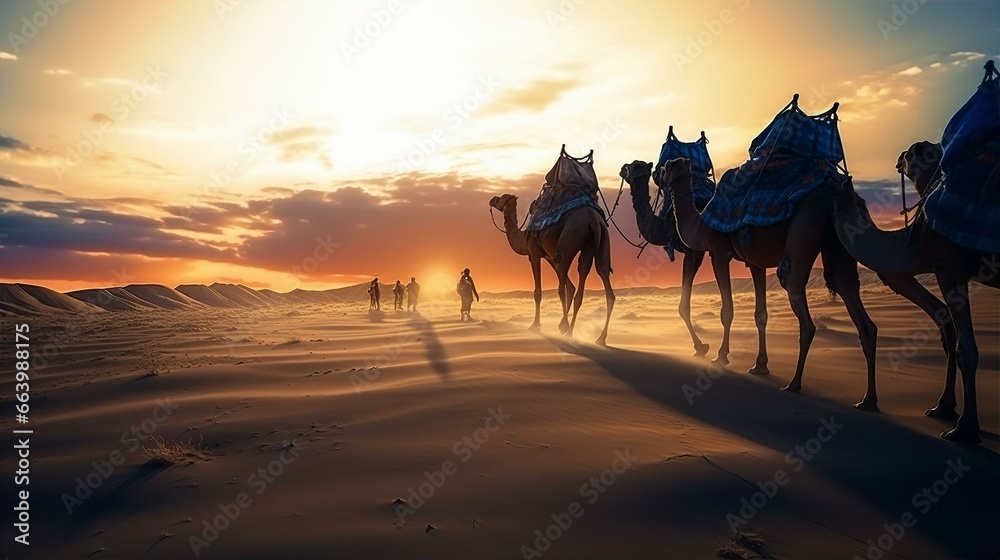 Camel caravan in the desert of Sahara at sunset - obrazy, fototapety, plakaty 