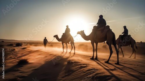 Camel caravan in the desert of Sahara at sunset