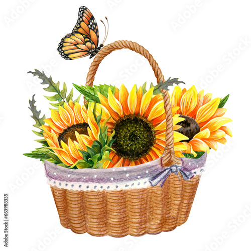 sunflower flowers with butterfly on summer lawn with watering can and basket