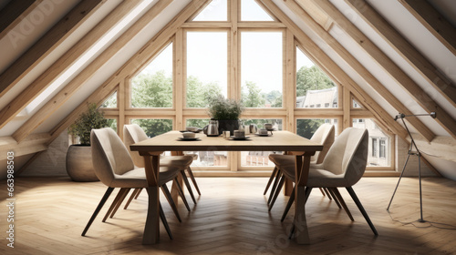 Dining table and chairs in attic with wood beams. Scandinavian interior design of modern dining room. © Oulailux
