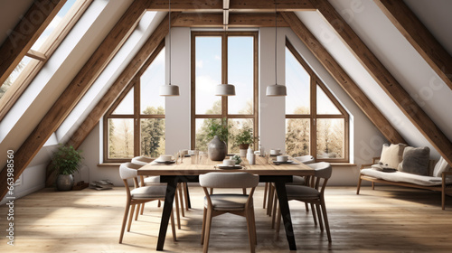 Dining table and chairs in attic with wood beams. Scandinavian interior design of modern dining room. © Oulailux