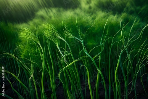A detailed view of a cluster of lush, green scallions swaying gently in the wind photo