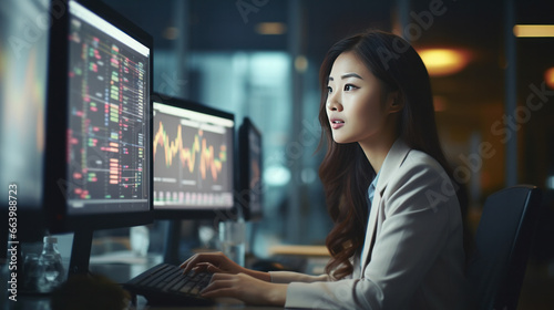 Big Diverse Corporate Office: Portrait of Beautiful Asian Manager Using Desktop Computer, Businesswoman Managing Company Operations, Analysing Statistics, Commerce Data, Marketing Plans  photo
