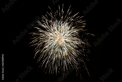 Fireworks. Colorful celebration fireworks isolated on a black sky background. From below, shot of wonderful and vivid fireworks exploding. Burst. Firework. Overlay. 2024. Show. New Year. Fires. Night.