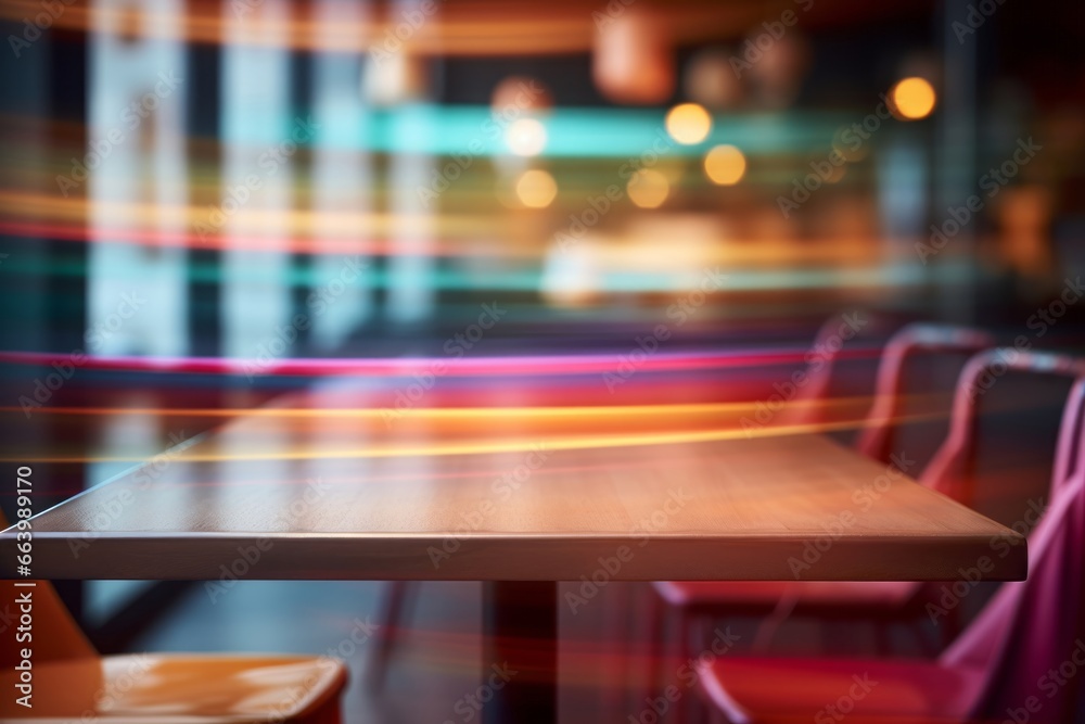 Warm toned wooden table against blurred city lights, an inviting display space with an urban evening ambiance. Warm toned wooden table against blurred city lights, an inviting display space with an urban evening ambiance.