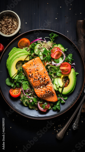 Health-focused smoked salmon dinner with quinoa salad and avocado slices