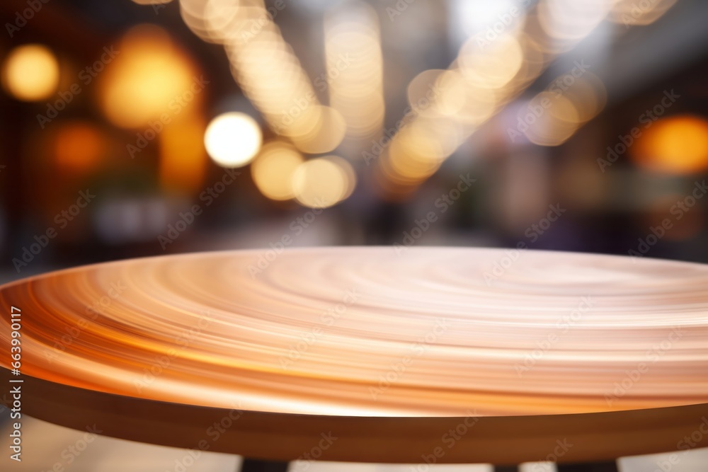 Obraz premium Warm toned wooden table against blurred city lights, an inviting display space with an urban evening ambiance.