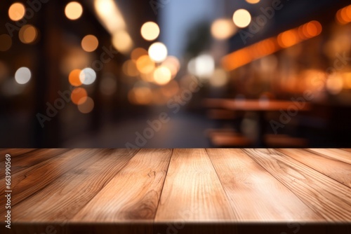 Warm toned wooden table against blurred city lights, an inviting display space with an urban evening ambiance. © Phanida