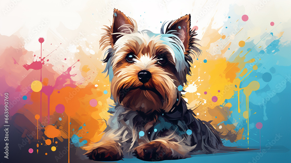 Adorable yorkshire terrier dog in mixed grunge color illustration.