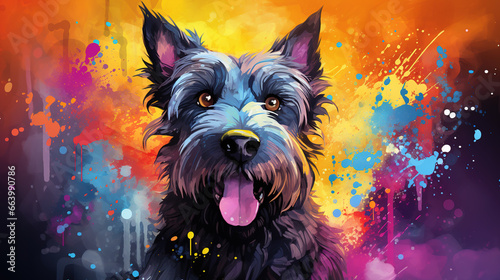 Adorable scottish terrier dog in mixed grunge color illustration. photo