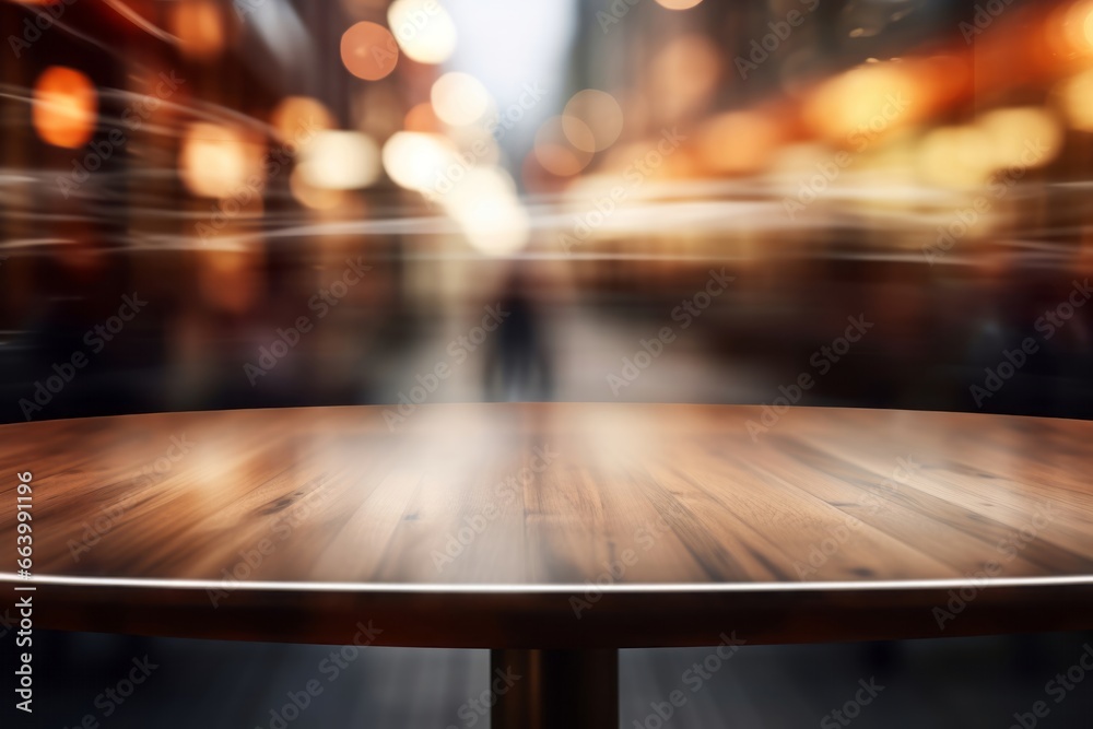 Warm toned wooden table against blurred city lights, an inviting display space with an urban evening ambiance. Warm toned wooden table against blurred city lights, an inviting display space with an urban evening ambiance.