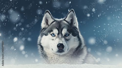 Cool looking Siberian Husky dog  isolated on snowing background. Christmas theme. © Tepsarit