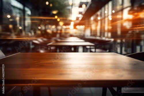 Warm toned wooden table against blurred city lights, an inviting display space with an urban evening ambiance.