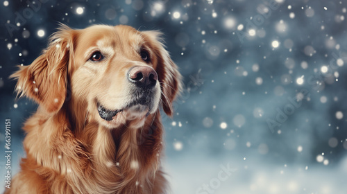 Cool looking golden retriever dog isolated on snowing background. Christmas theme.