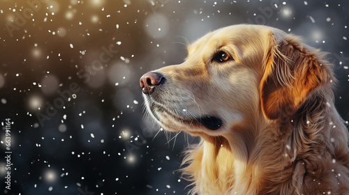 Cool looking golden retriever dog  isolated on snowing background. Christmas theme.