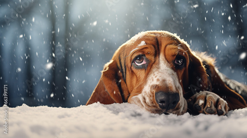 Cool looking basset hound dog  isolated on snowing background. Christmas theme.