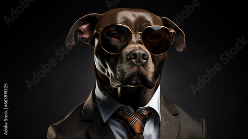 Cool looking american pitbull terrier dog wearing suit, tie and sunglasses isolated on dark background with copyspace for text. Digital illustration generative AI. © Tepsarit