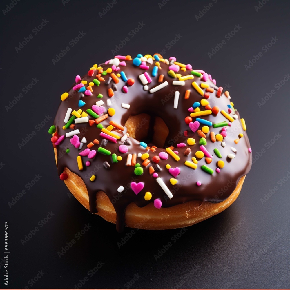 Chocolate donut with colorful sprinkles on a black background. Chocolate donut with colorful sprinkles on a black background.