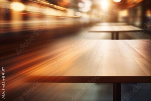 Warm toned wooden table against blurred city lights, an inviting display space with an urban evening ambiance.