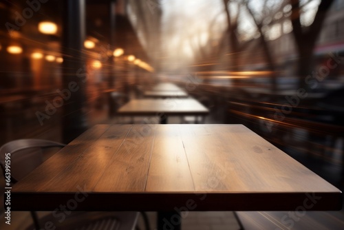 Warm toned wooden table against blurred city lights, an inviting display space with an urban evening ambiance.