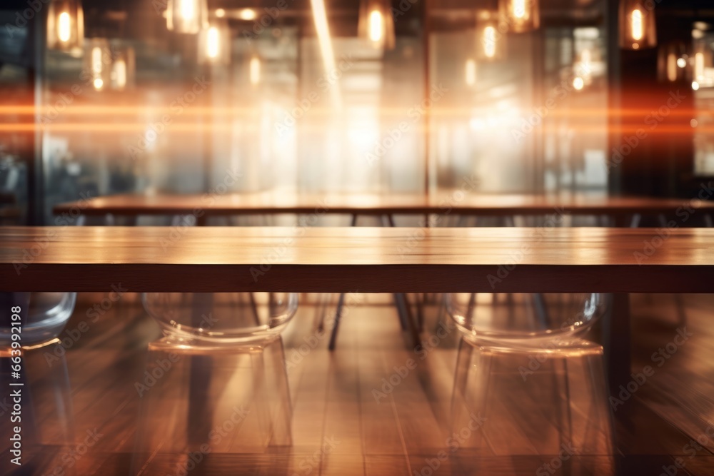 Warm toned wooden table against blurred city lights, an inviting display space with an urban evening ambiance. Warm toned wooden table against blurred city lights, an inviting display space with an urban evening ambiance.