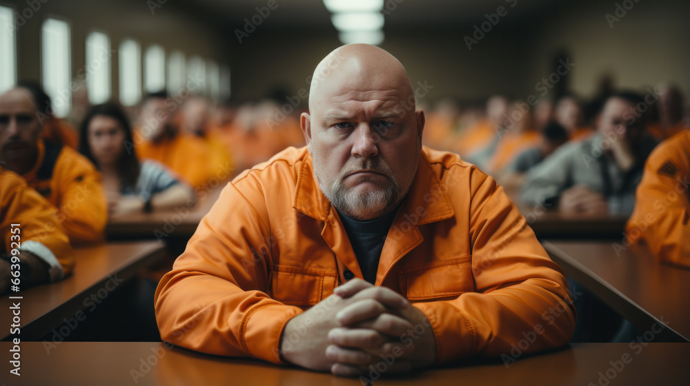 Fat prisoner in the common room of the prison. Orange jail uniform - obrazy, fototapety, plakaty 