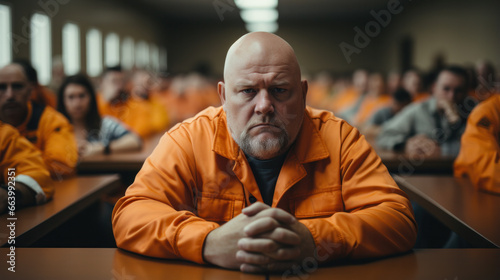 Fat prisoner in the common room of the prison. Orange jail uniform photo