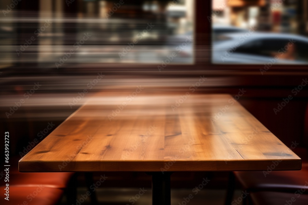 Warm toned wooden table against blurred city lights, an inviting display space with an urban evening ambiance.