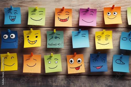 Colorful sticky notes with smiley faces on wooden background, happy and sad