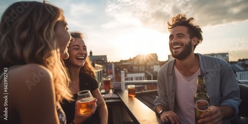 Happy Students Celebrate at an Open Rooftop Bar, Raising Their Alcoholic Drinks in a Spirited Party After a Week of Study, Embracing the Weekend, Relaxation, and Friendship