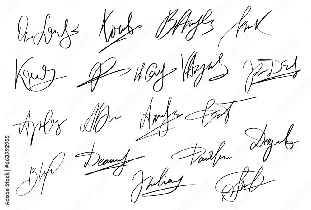 Handwriting Autograph set. Personal fictitious signature calligraphy lettering. Scrawl imaginary name for document. Vector illustration on white background - obrazy, fototapety, plakaty 
