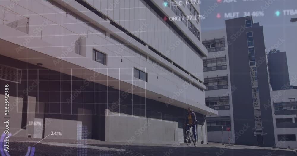 Animation of graphs and trading boards, african american woman riding bicycle beside building Animation of graphs and trading boards, african american woman riding bicycle beside building