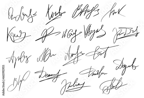 Handwriting Autograph set. Personal fictitious signature calligraphy lettering. Scrawl imaginary name for document. Vector illustration on white background photo