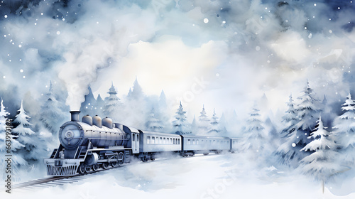 christmas greeting card with train in the snow. 