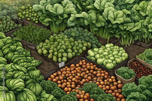 An artistic rendering of a patch of growing, verdant choy nestled among other vegetables
