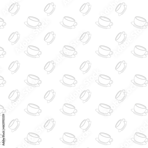 Seamless pattern with white cups of drinks in outline with black contour on white background for wallpapers, poster, webs, icons, wrapping, fabrics