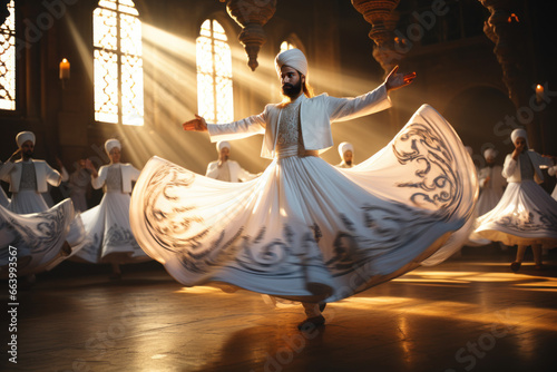 Authentic dervishes dancers performing in ancient Muslim palace photo