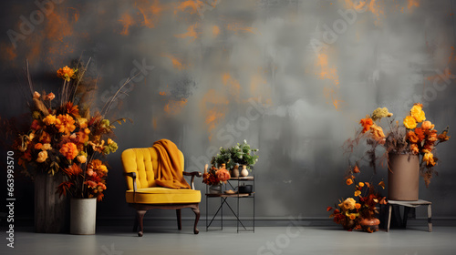 modern interior with orange leaves and flowers
