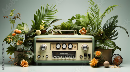 old radio and green plants on grey background