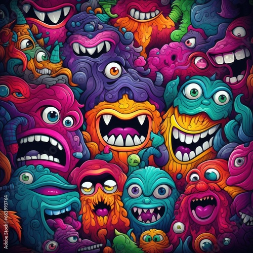 Cartoon doodle pattern with funny bright colored monsters. Colorful vector texture illustration. Seamless background, design for fashion clothing, fabrics, textiles, canvas, packaging and all prints.