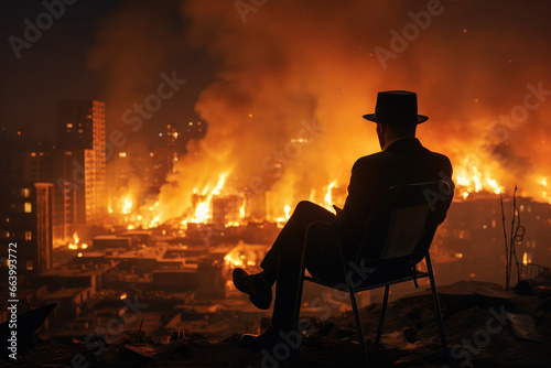 Man in suit and hat sitting in a chair and watching overlooking burning city at night