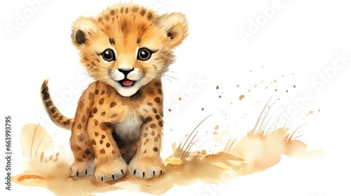 little baby cheetah watercolor illustration, isolated on white background photo