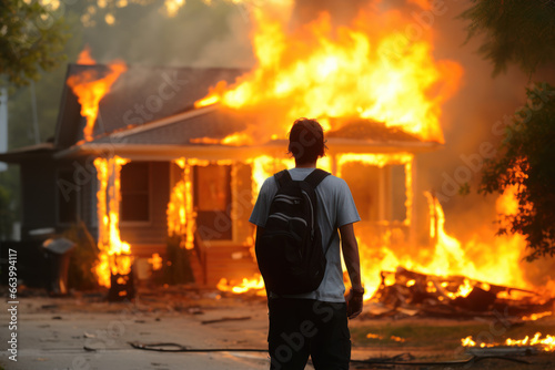 Young man standing in front of a burning house