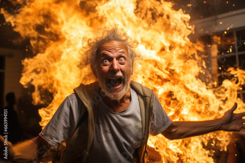 old man crazy arsonist in front of a burning building