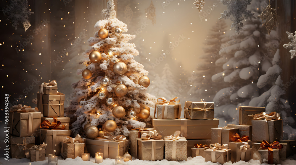 christmas background with gifts and snow