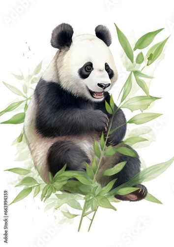 watercolor Giant panda eat bamboo  isolated on white background