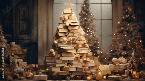christmas tree with books and christmas gifts