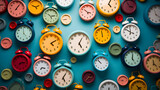 wall clocks in different times in blue background